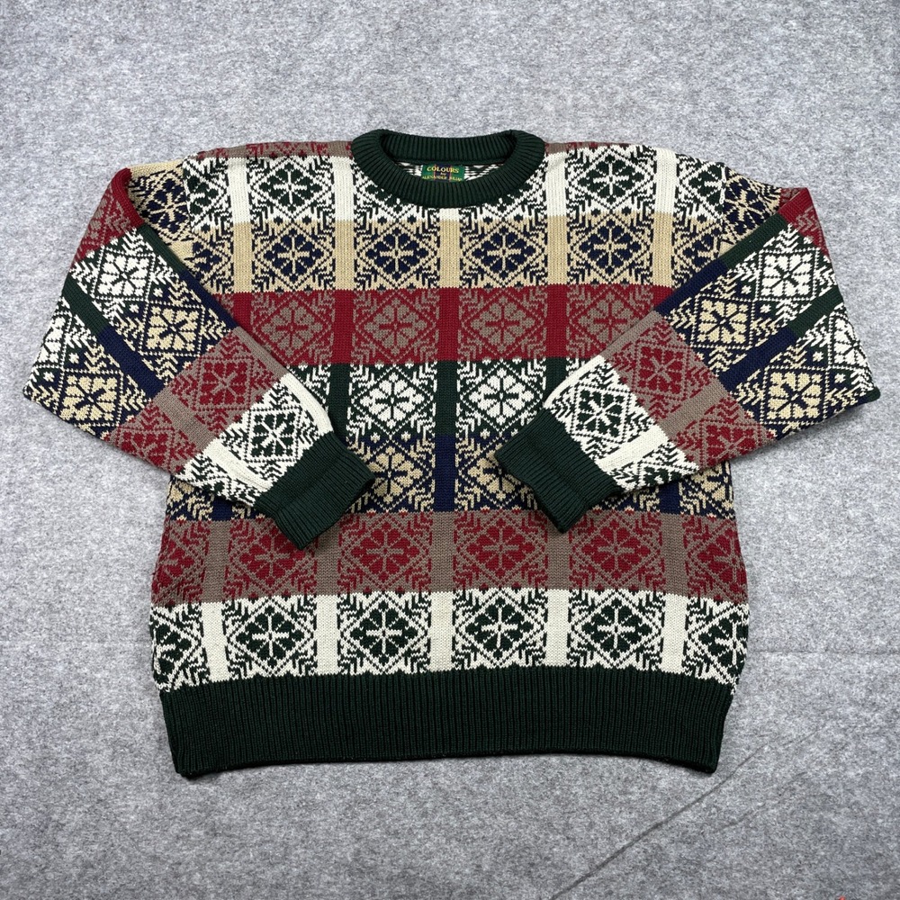 Vintage 80s Colours Sweater Mens L Multi Fair Isle Crewneck Cotton Made In USA